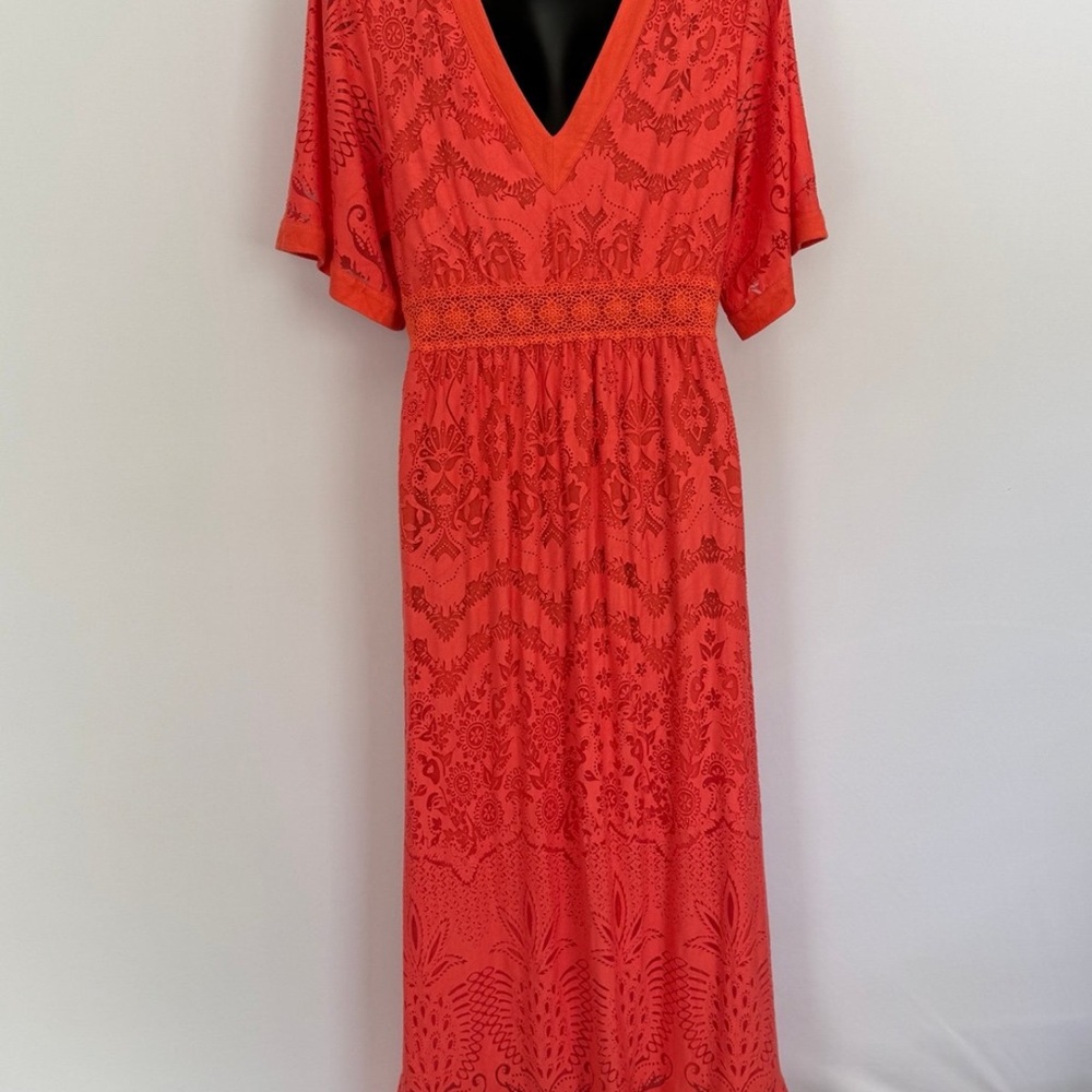 Farm Rio Anthropologie coral Devore lace maxi/ midi dress size small - Picture 6 of 10